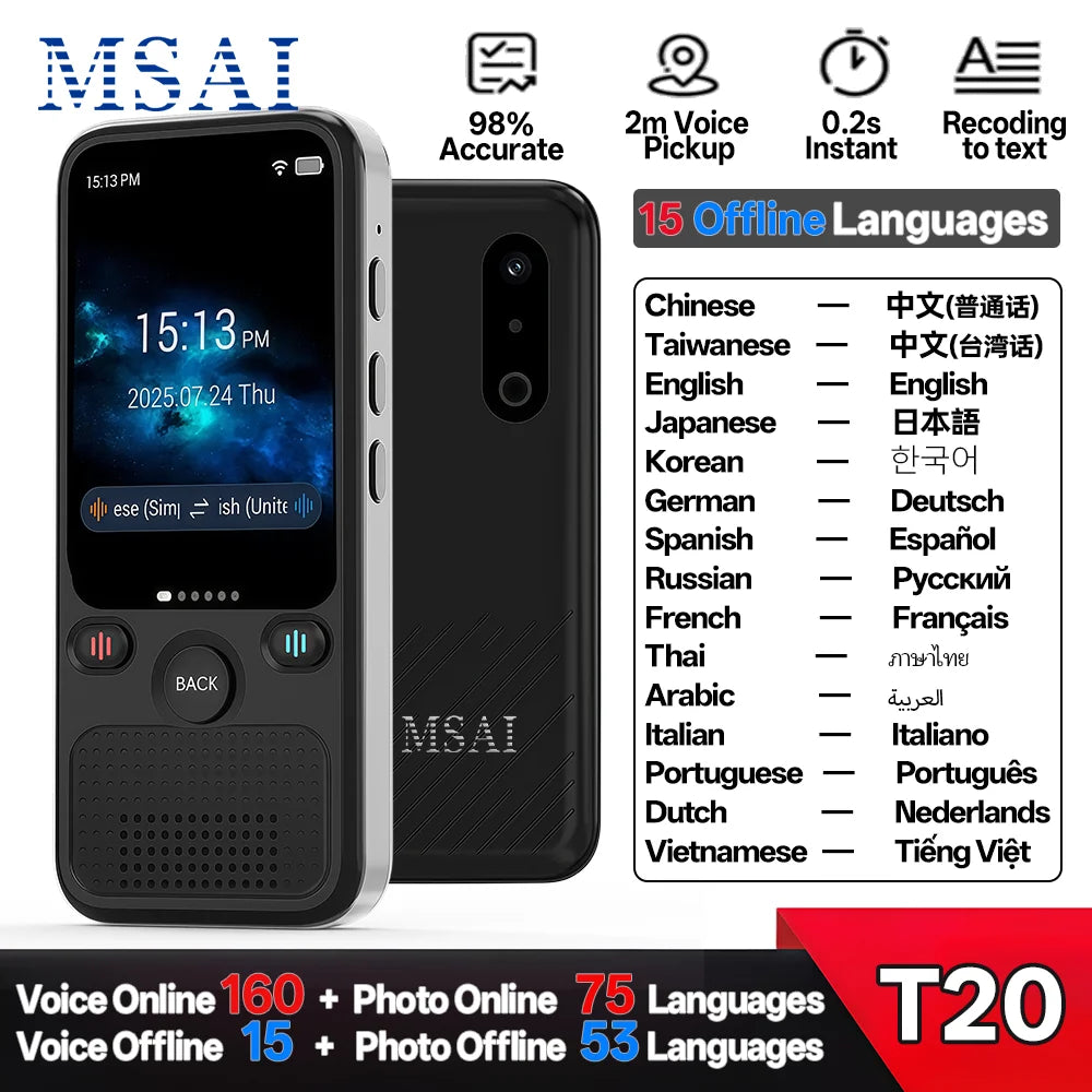 Traducteur Portable MSAI T20, 15 Langues Hors Ligne, Précision de 98%, Traduction Bidirectionnelle en Temps Réel, 160 Traductions