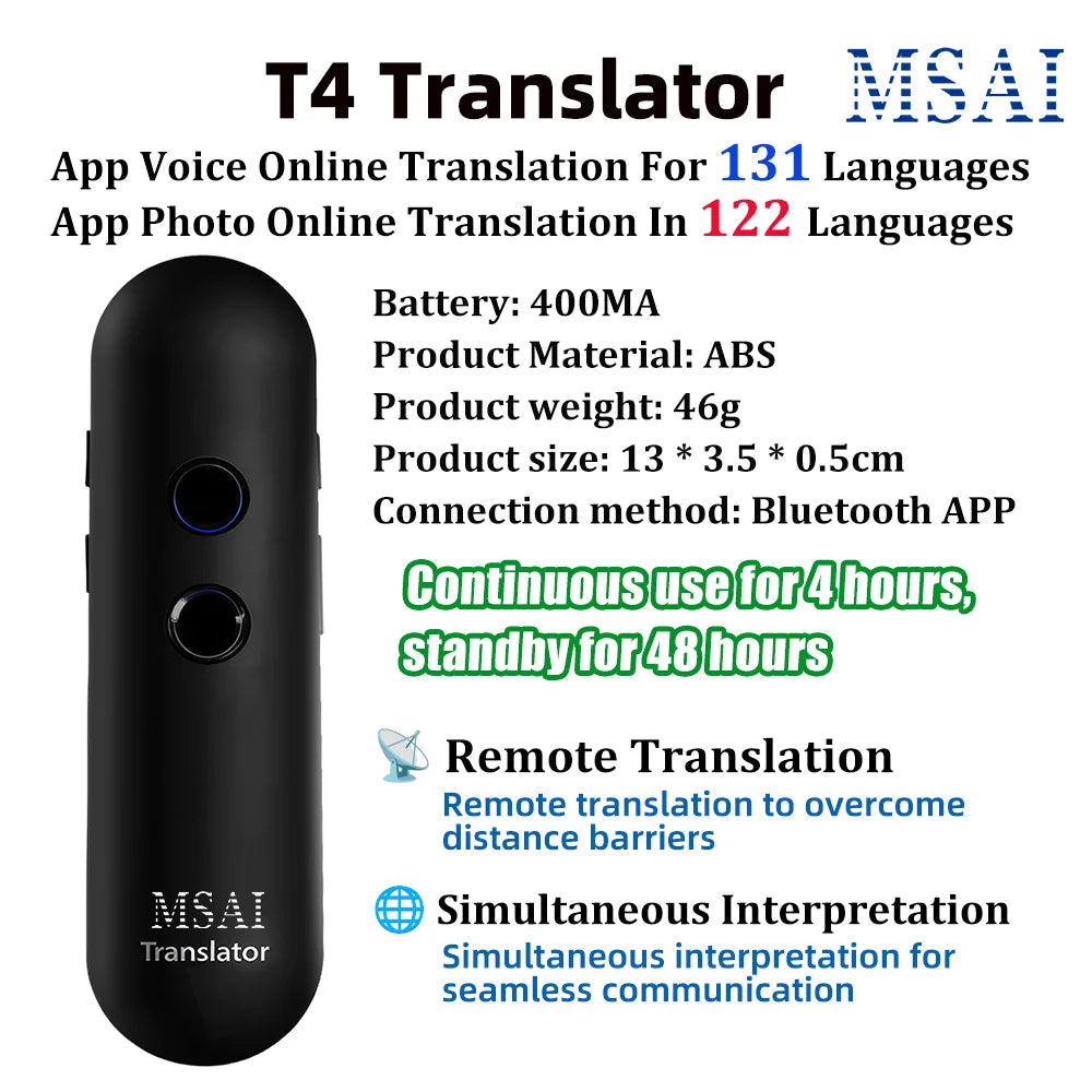 Traducteur Portable MSAI T20, 15 Langues Hors Ligne, Précision de 98%, Traduction Bidirectionnelle en Temps Réel, 160 Traductions