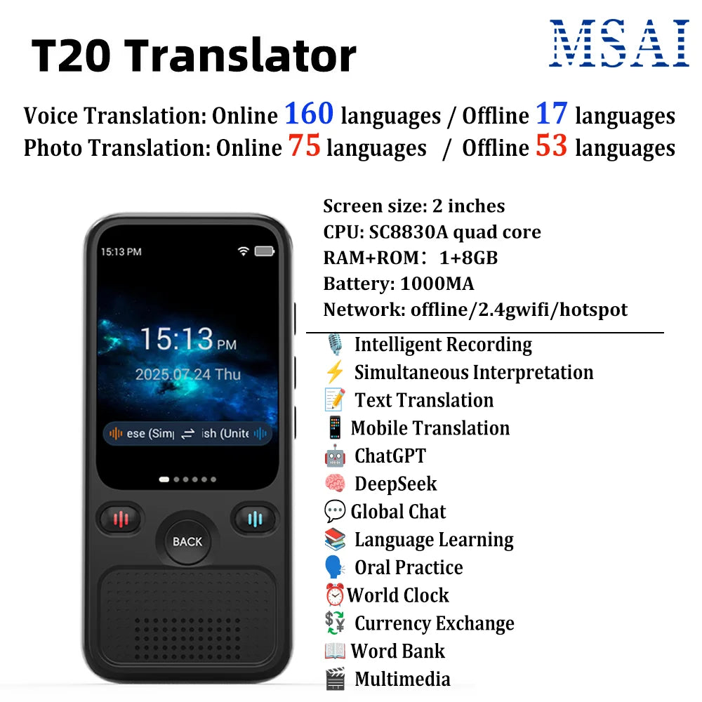 Traducteur Portable MSAI T20, 15 Langues Hors Ligne, Précision de 98%, Traduction Bidirectionnelle en Temps Réel, 160 Traductions